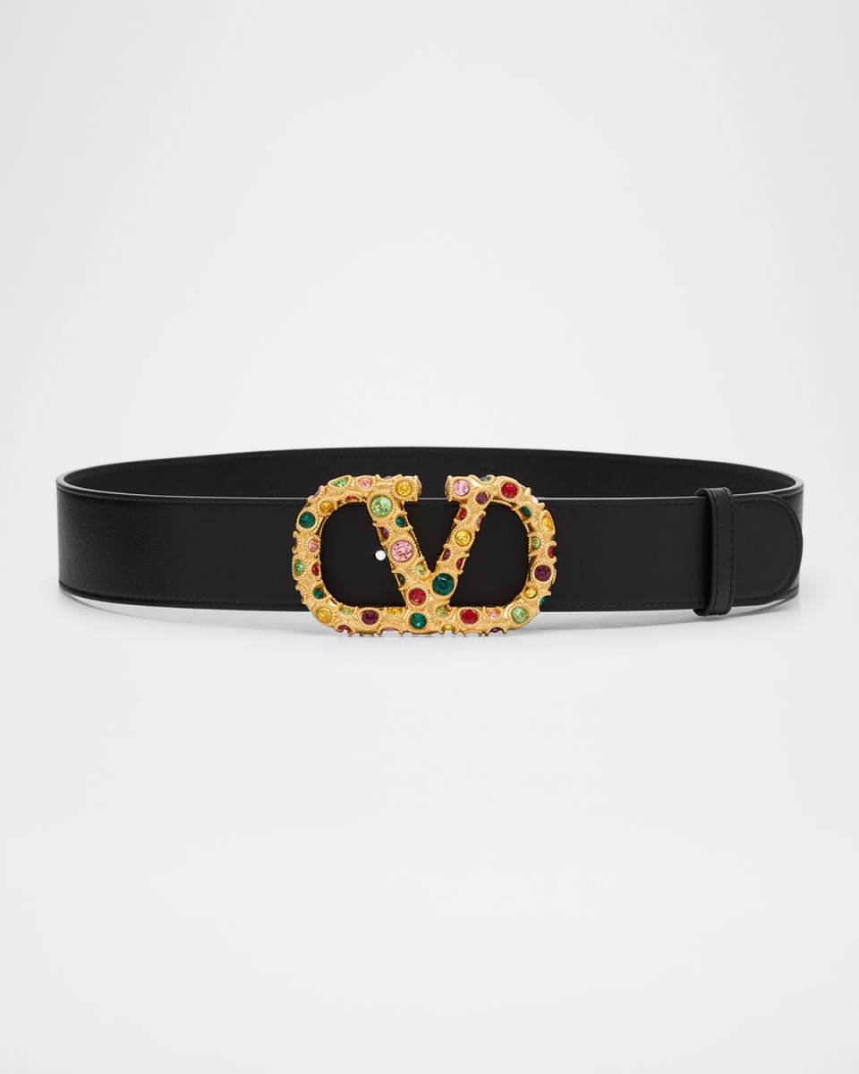 V-Logo Signature Embellished Leather Belt